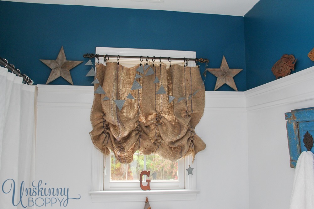 ruched burlap farmhouse curtains on a small window